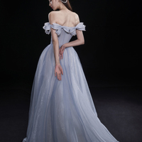 Blue tulle long A line prom dress blue evening dress - Thumbnail 4