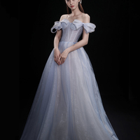 Blue tulle long A line prom dress blue evening dress - Thumbnail 5