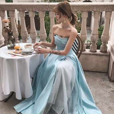 Blue satin tulle long prom dress blue evening dress