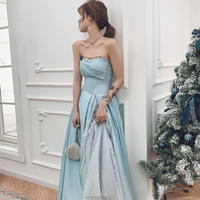 Blue satin tulle long prom dress blue evening dress - Thumbnail 3