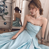 Blue satin tulle long prom dress blue evening dress - Thumbnail 4