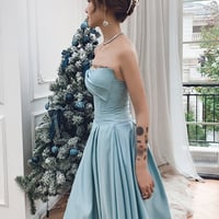 Blue satin tulle long prom dress blue evening dress - Thumbnail 6