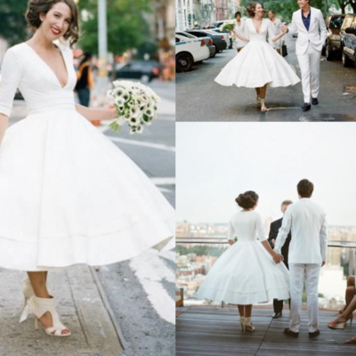 Deep v neck wedding dresses bridal gown tea length - Thumbnail 3