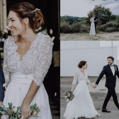 Deep v neck wedding dresses bridal gown with half sleeves - Thumbnail 3