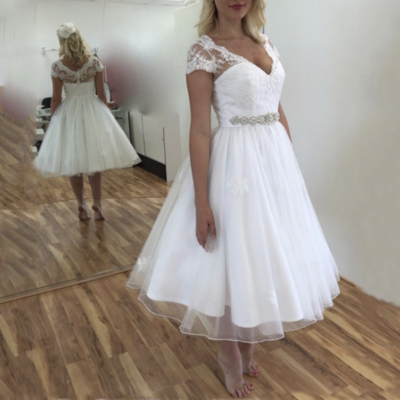 V neck wedding dresses bridal gown vintage tea length - Thumbnail 2