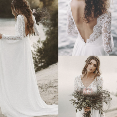 V neck v back wedding dresses bridal gown with sleeves lace - Thumbnail 2