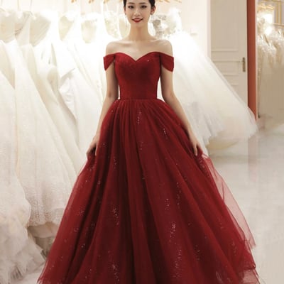 Burgundy tulle long prom dress a line evening dress - Thumbnail 3