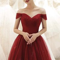 Burgundy Tulle Long Prom Dress A Line Evening Dress - Thumbnail 1