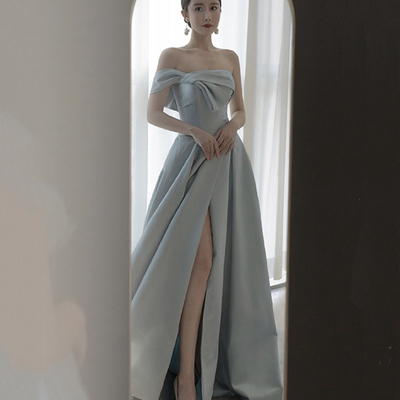 Blue satin long prom dress a line evening dress - Thumbnail 2