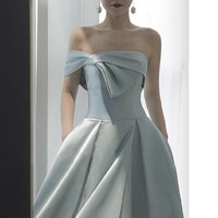 Blue satin long prom dress A line evening dress - Thumbnail 1