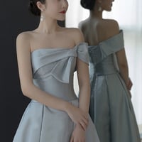 Blue satin long prom dress A line evening dress - Thumbnail 2