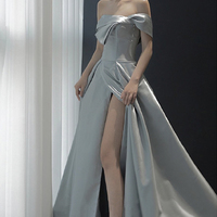 Blue satin long prom dress A line evening dress - Thumbnail 3