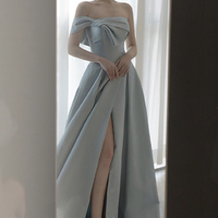 Blue satin long prom dress A line evening dress - Thumbnail 4