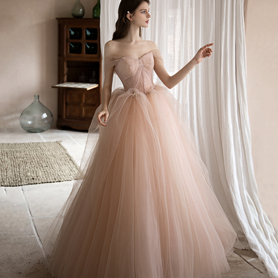 Pink tulle long prom gown a line evening gown - Thumbnail 2