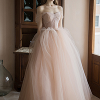 Pink tulle long prom gown A line evening gown - Thumbnail 1