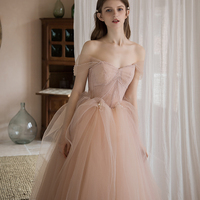 Pink tulle long prom gown A line evening gown - Thumbnail 2