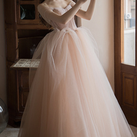 Pink tulle long prom gown A line evening gown - Thumbnail 5