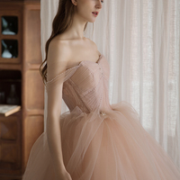 Pink tulle long prom gown A line evening gown - Thumbnail 6