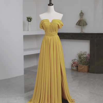 Yellow chiffon long prom dress a line evening dress - Thumbnail 1