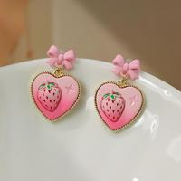 Pastel Pink Strawberry Heart Bow Earrings - Thumbnail 2