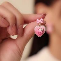 Pastel Pink Strawberry Heart Bow Earrings - Thumbnail 3