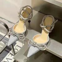 Bow Knot Rhinestone High Heels Sequins Pointed Hollow Strap Sandals Women's Crystal Shoes - Thumbnail 1