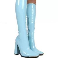 New Square Toe Chunky Heel Bright Leather High-Heeled Women's Boots - Thumbnail 1