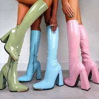 New Square Toe Chunky Heel Bright Leather High-Heeled Women's Boots - Thumbnail 2