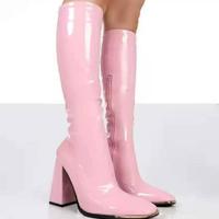 New Square Toe Chunky Heel Bright Leather High-Heeled Women's Boots - Thumbnail 3