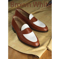 Handmade Men's Loafer White Tan Leather Monk Shoes, Handsome Two-Tone Penny Loafer Shoes - Thumbnail 1