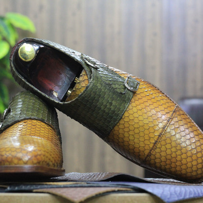 Handmade men's python texture derby dress shoes, monk leather shoes - Thumbnail 1