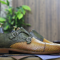Handmade Men's Python Texture Derby Dress Shoes, Monk Leather Shoes - Thumbnail 2