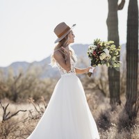 Simple Elegant Sheath V Neck White Lace Wedding Dress with Slit - Thumbnail 1
