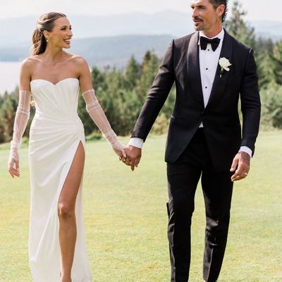 Charming mermaid sweetheart white satin wedding dress with slit