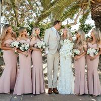 Elegant Mermaid Off the Shoulder Satin Bridesmaid Dresses with Slit - Thumbnail 1