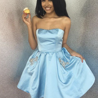 Blue homecoming dresses with pockets beaded - Thumbnail 1