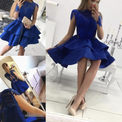 Royal blue short homecoming dresses with full sleeves - Thumbnail 1