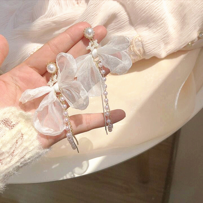 Bow pearl beaded tassel dangle drop earrings