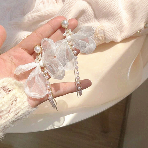 Bow Pearl Beaded Tassel Dangle Drop Earrings