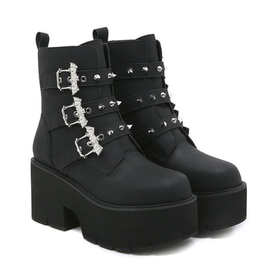 Metal Bat Buckles Platform Booties With Rivet Detail