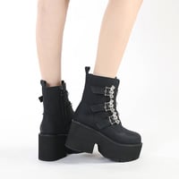 Metal Bat Buckles Platform Booties With Rivet Detail - Thumbnail 4
