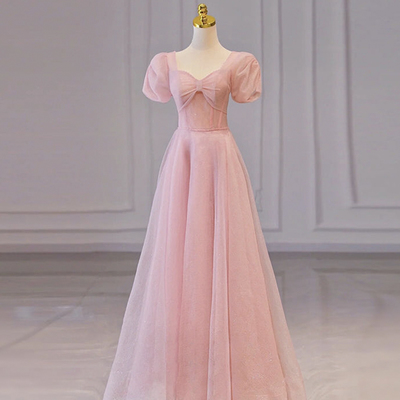 Pink tulle long prom dress pink evening dress - Thumbnail 3