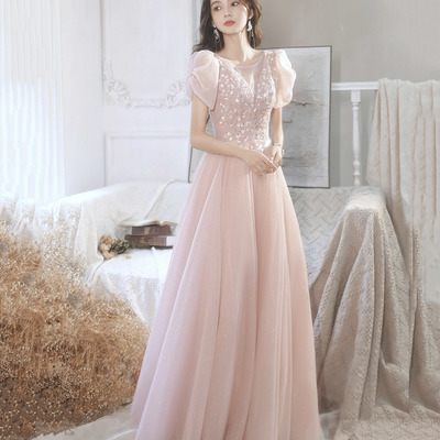 A-line pink tulle beaded long prom dress  - Thumbnail 1