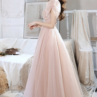 A-line Pink Tulle Beaded Long Prom Dress  - Thumbnail 2