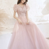 A-line Pink Tulle Beaded Long Prom Dress  - Thumbnail 4