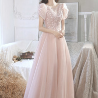 A-line Pink Tulle Beaded Long Prom Dress  - Thumbnail 5