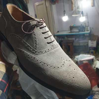 Hot sale men's grey wingtip brogue lace up hand stitch genuine suede shoes - Thumbnail 2