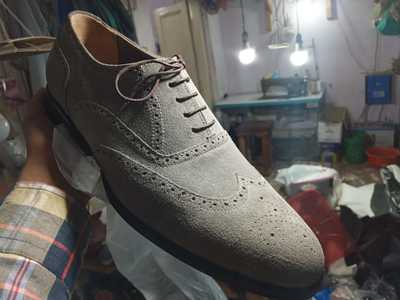 Hot Sale Men's Grey Wingtip Brogue Lace Up Hand Stitch Genuine Suede Shoes