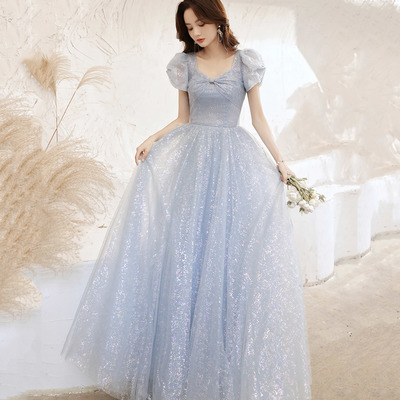 Blue tulle long a line prom dress blue evening dress