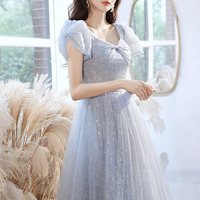 Blue tulle long A line prom dress blue evening dress - Thumbnail 1